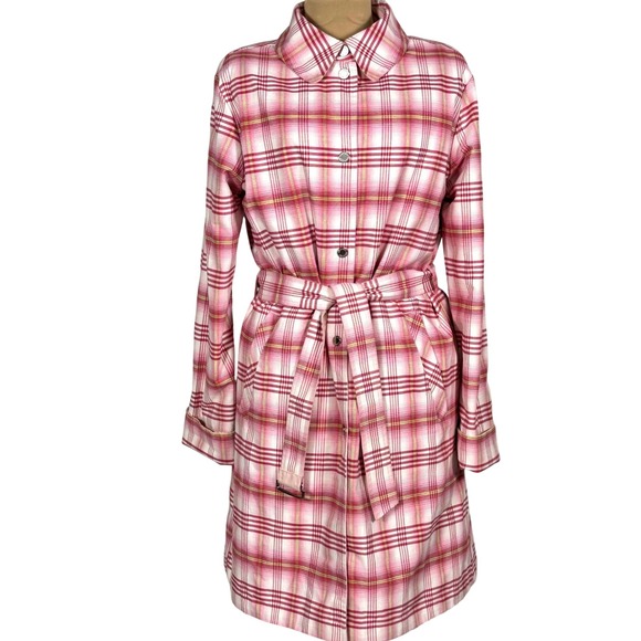 Bernardo Reversible Trench Coat Petal Pink Plaid Belted Lightweight Jacket‎ M - Picture 2 of 10